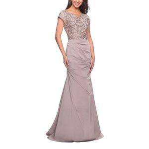 La Femme Brand 26806 Shimmering Champagne Color Vneck gown w/ beaded bodice